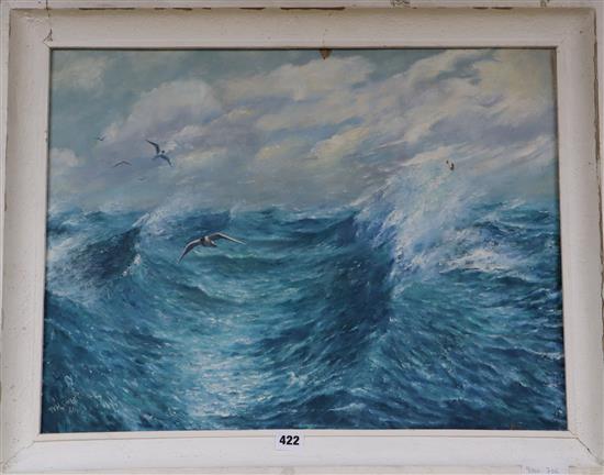 W.H. Smee, oil on board, Seagulls flying over waves, signed, 44 x 59cm